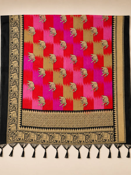 Multicolour Art Silk Elephant Printed Dupatta with Black Border & Tassels for Women