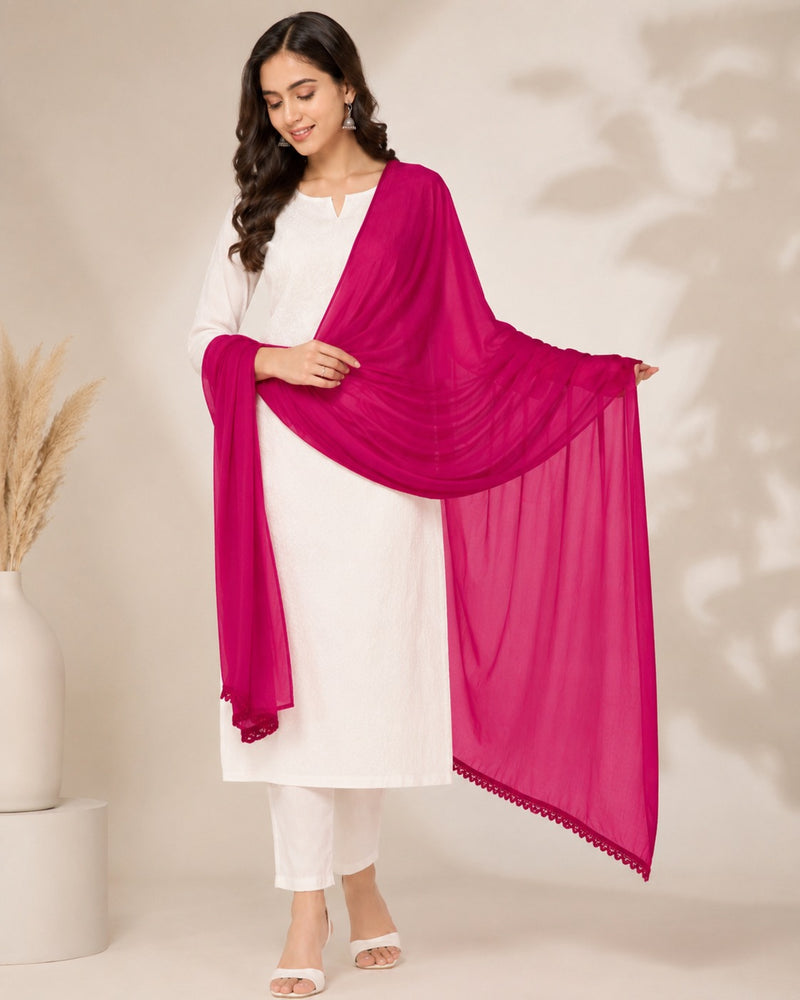 Women's Chiffon Dupatta | Plain Fuchsia Pink Soft Lightweight Dupatta with Lace Border