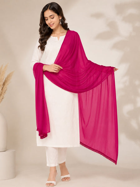 Women's Chiffon Dupatta | Plain Fuchsia Pink Soft Lightweight Dupatta with Lace Border